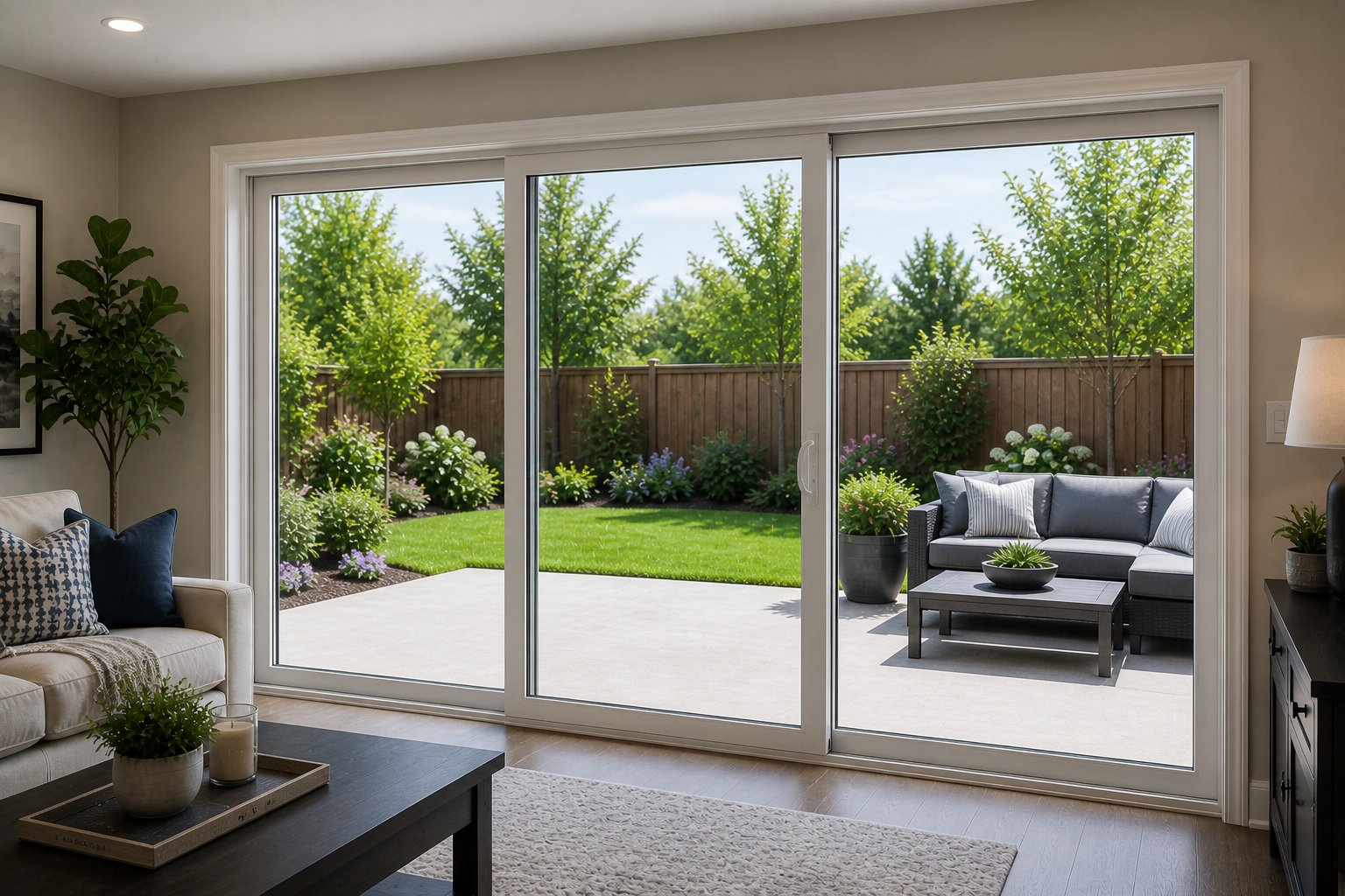 Three-panel sliding glass door installation in Lake Mary, FL living room — Colonial Window & Door