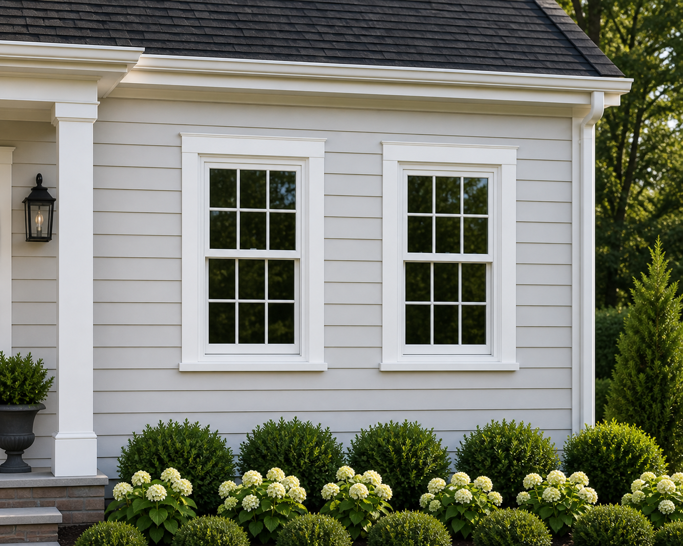 Colonial style home with white double hung window replacement — Central Florida