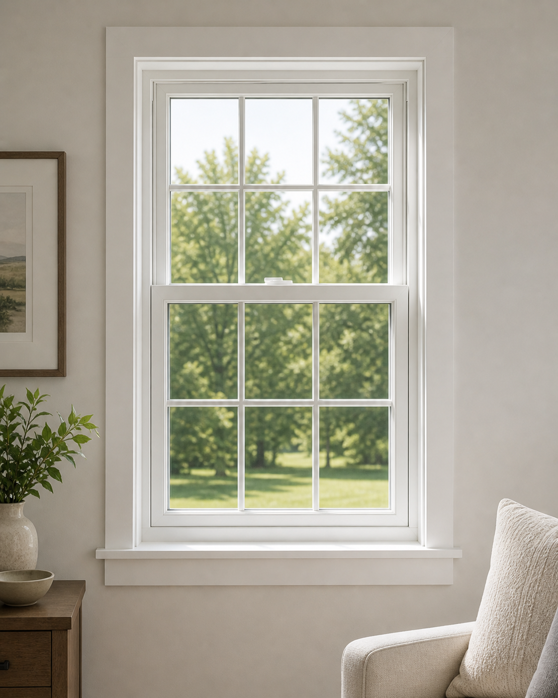 Double hung colonial replacement window close-up — vinyl window installation Central Florida