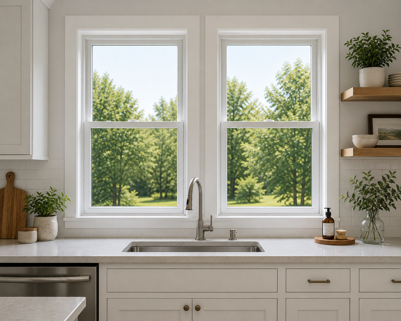 White double hung replacement windows over kitchen sink — Central Florida home installation