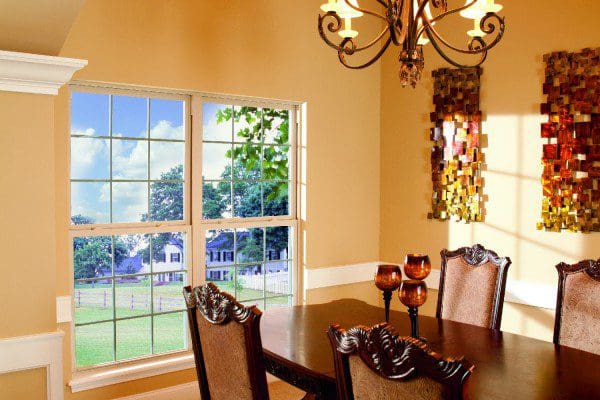 Single hung window interior with chandelier — Central Florida home